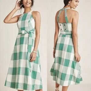 ANTHROPOLOGIE Maeve Greta Gingham Dress Size 8 Green Check Retro Linen Midi